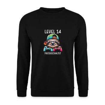 Level 14 Freigeschaltet Gamer Geburtstag Faultier - Unisex Pullover - Schwarz - Vorne - Alina (178cm) & Michal (187cm)