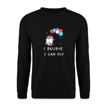 Pinguin "I believe I can fly" - Unisex Pullover - Schwarz - Vorne - Alina (178cm) & Michal (187cm)