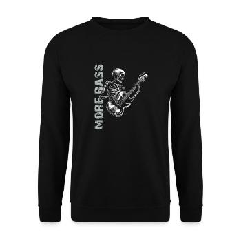 Skelett Skull mit Bassgitarre und Spruch Mehr Bass - Unisex Pullover - Schwarz - Vorne - Alina (178cm) & Michal (187cm)