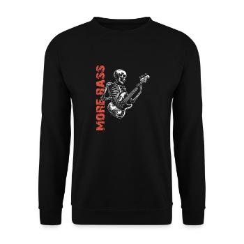 Skelett Skull mit Bassgitarre und Spruch Mehr Bass - Unisex Pullover - Schwarz - Vorne - Alina (178cm) & Michal (187cm)