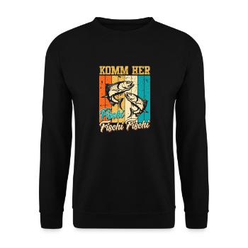 Angler KOMM HER FISCHI FISCHI FISCHI Lustiges - Unisex Pullover - Schwarz - Vorne - Alina (178cm) & Michal (187cm)