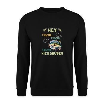 Angler HEY FISCHI FISCHI FISCHI HIER DRÜBEN - Unisex Pullover - Schwarz - Vorne - Alina (178cm) & Michal (187cm)