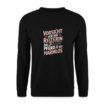 Vorsicht Vor Der Reiterin Pferd Pferdeliebhaber - Unisex Pullover - Schwarz - Vorne - Alina (178cm) & Michal (187cm)