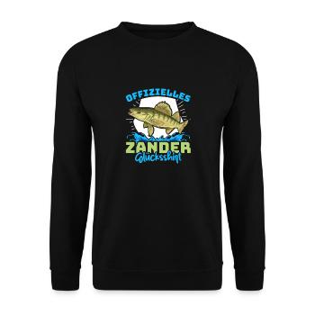 Zander Angeln OFFIZIELLES ZANDER GLÜCKSSHIRT - Unisex Pullover - Schwarz - Vorne - Alina (178cm) & Michal (187cm)