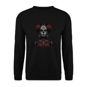 Santa Muerte Schädel Frau Design. - Unisex Pullover - Schwarz - Vorne - Alina (178cm) & Michal (187cm)