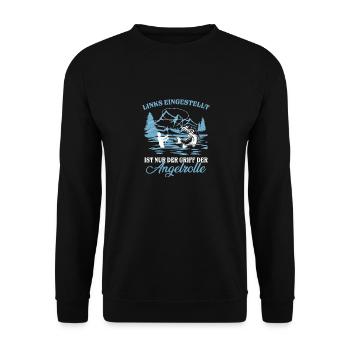 Links eingestellt ist nur der Griff der Angelrolle - Unisex Pullover - Schwarz - Vorne - Alina (178cm) & Michal (187cm)