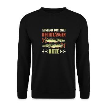 Hecht Angler ABSTAND VON ZWEI HECHTLÄNGEN BITTE - Unisex Pullover - Schwarz - Vorne - Alina (178cm) & Michal (187cm)