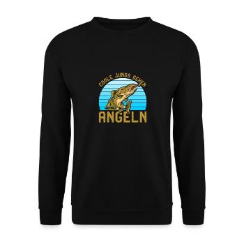 Angler Geburtstag COOLE JUNGS GEHEN ANGELN Lustig - Unisex Pullover - Schwarz - Vorne - Alina (178cm) & Michal (187cm)