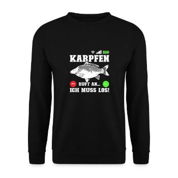 Angler KARPFEN RUFT AN MUSS LOS! Lustiges Karpfen - Unisex Pullover - Schwarz - Vorne - Alina (178cm) & Michal (187cm)