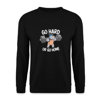 FITNESSSTUDIO, HART ARBEITEN ODER NACH HAUSE GEHEN - Unisex Pullover - Schwarz - Vorne - Alina (178cm) & Michal (187cm)