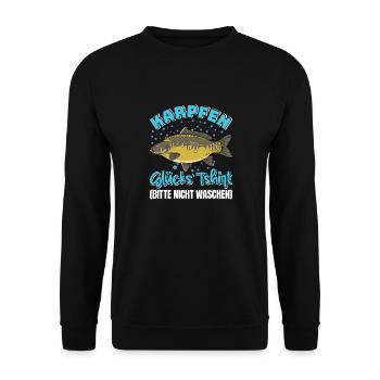 KARPFEN GLÜCKSSHIRT BITTE NICHT WASCHEN Angeln - Unisex Pullover - Schwarz - Vorne - Alina (178cm) & Michal (187cm)