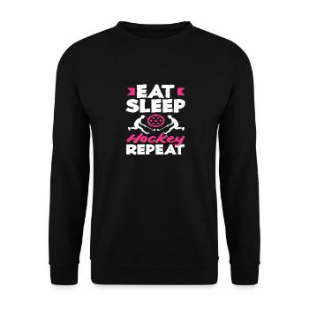 Feldhockeyspieler Eat Sleep Hockey Repeat - Unisex Pullover - Schwarz - Vorne - Alina (178cm) & Michal (187cm)