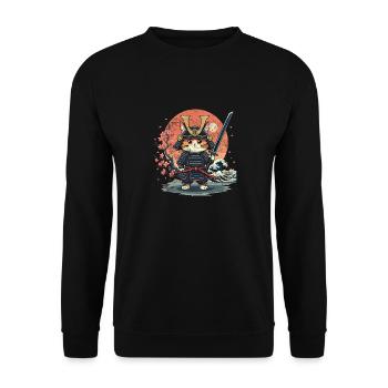Samurai Katze, Japanische Kunst Katze - Unisex Pullover - Schwarz - Vorne - Alina (178cm) & Michal (187cm)