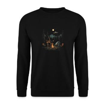 Abenteuer Lagerfeuer mit UFO und Gitarrenspieler - Unisex Pullover - Schwarz - Vorne - Alina (178cm) & Michal (187cm)