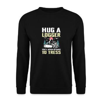 Hug a Logger für einen Waldarbeiter Holzfäller - Unisex Pullover - Schwarz - Vorne - Alina (178cm) & Michal (187cm)