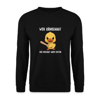Faschings Party WER GÄNSEHAUT SCHLÄGT AUCH ENTEN - Unisex Pullover - Schwarz - Vorne - Alina (178cm) & Michal (187cm)