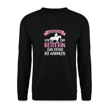 Vorsicht Reiterin - Unisex Pullover - Schwarz - Vorne - Alina (178cm) & Michal (187cm)