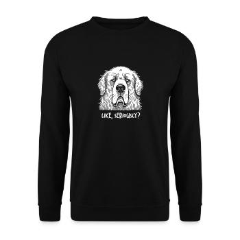 Große Pyrenäen, die nicht amüsiert sind, wie ernsthaft über Sar urteilen - Unisex Pullover - Schwarz - Vorne - Alina (178cm) & Michal (187cm)