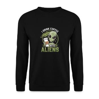 Witziges Ich trinke Kaffee mit Aliens - Unisex Pullover - Schwarz - Vorne - Alina (178cm) & Michal (187cm)