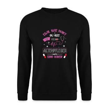 Altenpfleger Geschenk Altenpflege Pflegefachkraft - Unisex Pullover - Schwarz - Vorne - Alina (178cm) & Michal (187cm)