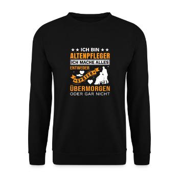 Altenpfleger Geschenk Altenpflege Pflegefachkraft - Unisex Pullover - Schwarz - Vorne - Alina (178cm) & Michal (187cm)