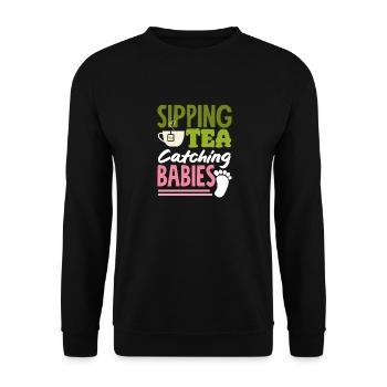 Hebamme Sipping Tea Catching Babies - Unisex Pullover - Schwarz - Vorne - Alina (178cm) & Michal (187cm)