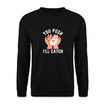 Hebamme Du Schiebst Ich Fange Humor - Unisex Pullover - Schwarz - Vorne - Alina (178cm) & Michal (187cm)