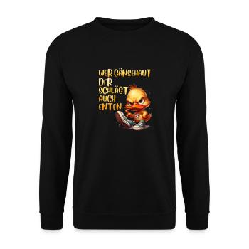 Entenkostüm WER GÄNSEHAUT DER SCHLÄGT AUCH - Unisex Pullover - Schwarz - Vorne - Alina (178cm) & Michal (187cm)