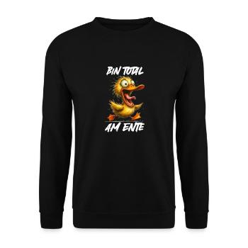 Karneval Ente BIN TOTAL AM ENTE Lustiges - Unisex Pullover - Schwarz - Vorne - Alina (178cm) & Michal (187cm)