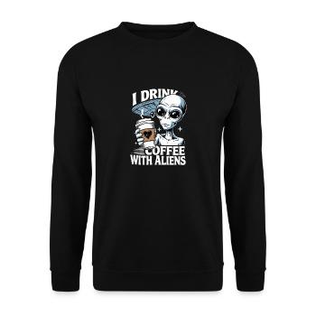 Witziges Ich trinke Kaffee mit Aliens - Unisex Pullover - Schwarz - Vorne - Alina (178cm) & Michal (187cm)