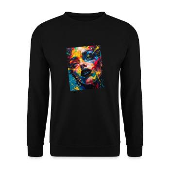 Buntes Frauenporträt mit Spritzern - Unisex Pullover - Schwarz - Vorne - Alina (178cm) & Michal (187cm)