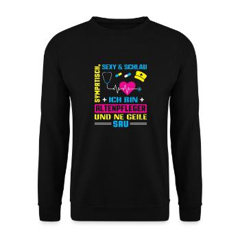 Altenpfleger Geschenk Altenpflege Pflegefachkraft - Unisex Pullover - Schwarz - Vorne - Alina (178cm) & Michal (187cm)