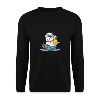maritim Katze witzig Fischer Fisch Kinder Seemann - Unisex Pullover - Schwarz - Vorne - Alina (178cm) & Michal (187cm)