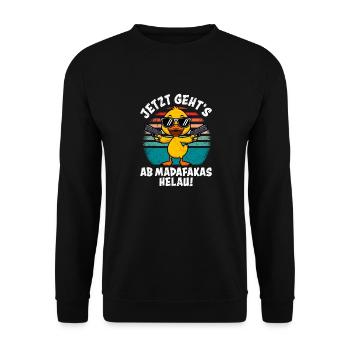 Entenkostüm JETZT GEHT'S AB MADAFAKAS HELAU! - Unisex Pullover - Schwarz - Vorne - Alina (178cm) & Michal (187cm)