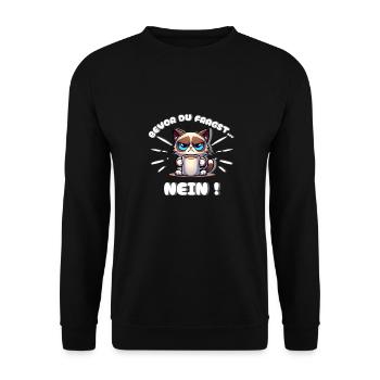 Genervte Katze Bevor du fragst Nein! Lustig Montag - Unisex Pullover - Schwarz - Vorne - Alina (178cm) & Michal (187cm)