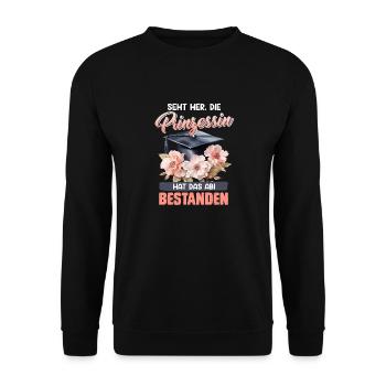 Abiturienten SEHT HER PRINZESSIN HAT ABI BESTANDEN - Unisex Pullover - Schwarz - Vorne - Alina (178cm) & Michal (187cm)