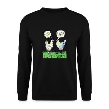 Lustiges buntes Huhn Frohe Ostern Osterei - Unisex Pullover - Schwarz - Vorne - Alina (178cm) & Michal (187cm)