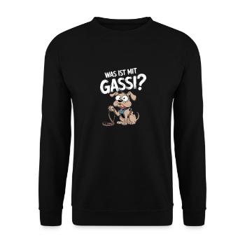 Was Ist Mit Gassi? Lustiger Hund Fragt Nach - Unisex Pullover - Schwarz - Vorne - Alina (178cm) & Michal (187cm)