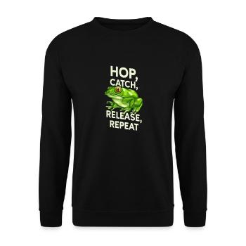Hop Catch Release Repeat Frosch Humor - Unisex Pullover - Schwarz - Vorne - Alina (178cm) & Michal (187cm)