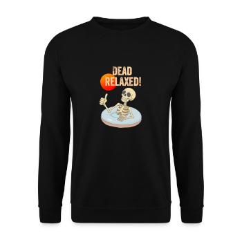Chilliges Skelett im Pool mit Spruch Dead relaxed - Unisex Pullover - Schwarz - Vorne - Alina (178cm) & Michal (187cm)