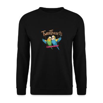 Two budgies tweethearts on swing - Unisex Sweatshirt - black - Front - Alina (178cm) & Michal (187cm)