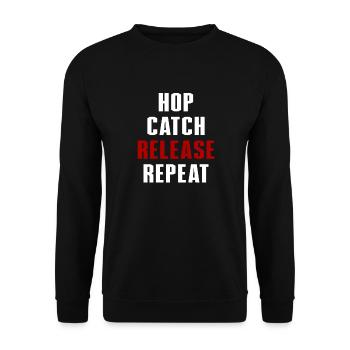 Hop Catch Release Repeat Frosch Humor - Unisex Pullover - Schwarz - Vorne - Alina (178cm) & Michal (187cm)
