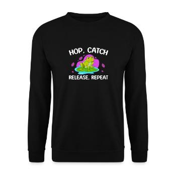 Hop Catch Release Repeat Frosch Humor - Unisex Pullover - Schwarz - Vorne - Alina (178cm) & Michal (187cm)