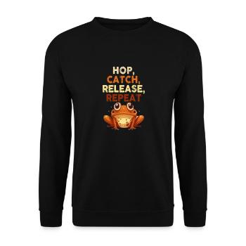 Hop Catch Release Repeat Frosch Humor - Unisex Pullover - Schwarz - Vorne - Alina (178cm) & Michal (187cm)