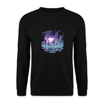 Retro Futuristische Stadtlandschaft im Neon-Look - Unisex Pullover - Schwarz - Vorne - Alina (178cm) & Michal (187cm)