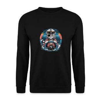 Kapitän Katze Mit Piratenhut Am Steuerrad In - Unisex Pullover - Schwarz - Vorne - Alina (178cm) & Michal (187cm)