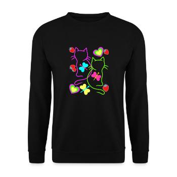 Retro Katzen Erdbeer Sommer Schmetterling Herz - Unisex Pullover - Schwarz - Vorne - Alina (178cm) & Michal (187cm)