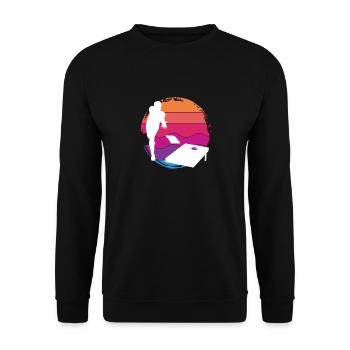 Cornhole Spieler Sonnenuntergang Silhouette - Unisex Pullover - Schwarz - Vorne - Alina (178cm) & Michal (187cm)