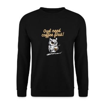 Funny Owl Drinks Coffee Saying Caffeine First - Unisex Sweatshirt - black - Front - Alina (178cm) & Michal (187cm)