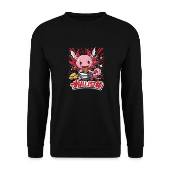 Axolotl Mit Ramen Und Karaage In Bunter - Unisex Pullover - Schwarz - Vorne - Alina (178cm) & Michal (187cm)